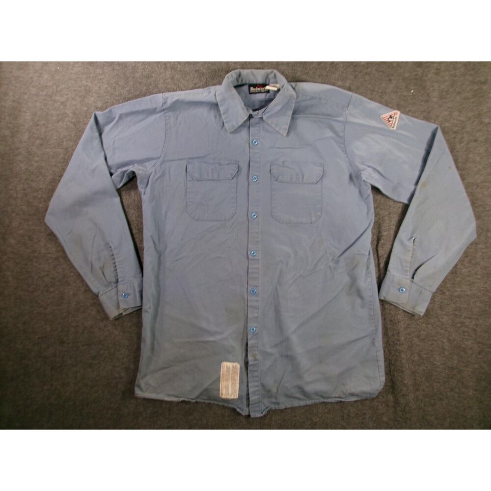 Bulwark FR Shirt Mens Large Blue Workwear Patch Long Sleeve Utility Industrial